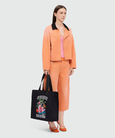 Tote nera in canvas con stampa e manici in tono