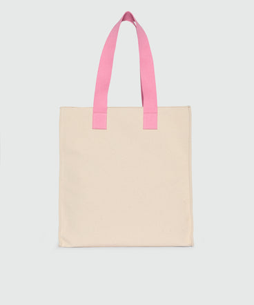 White canvas tote with print and contrasting handles