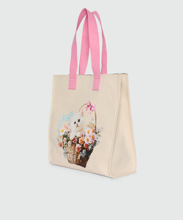 White canvas tote with print and contrasting handles