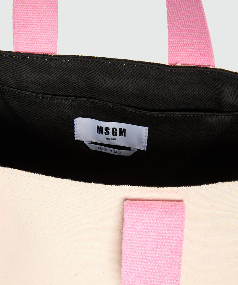 White canvas tote with print and contrasting handles 02 Donna 