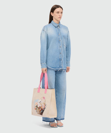 White canvas tote with print and contrasting handles