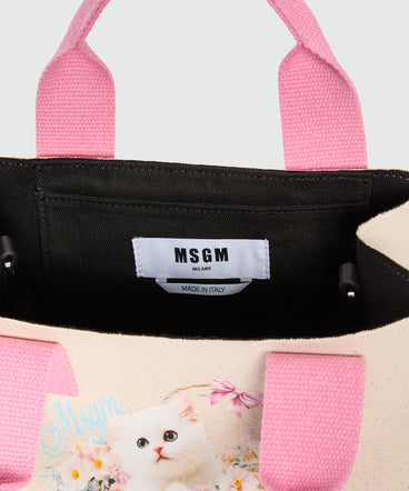 Off-white canvas micro tote with print and contrasting handles