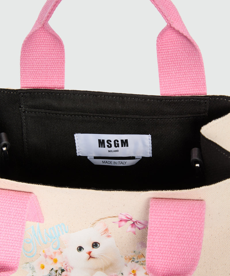 Off-white canvas micro tote with print and contrasting handles 02 Donna 