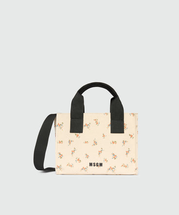 Ecru canvas micro tote with print and contrasting handles