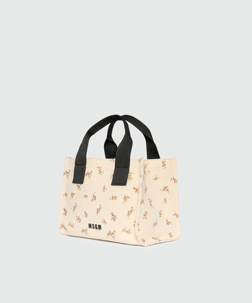 Ecru canvas micro tote with print and contrasting handles