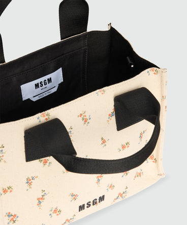 Ecru canvas micro tote with print and contrasting handles