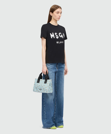 Light blue canvas micro tote with print and contrasting handles