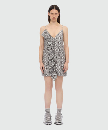 Python print poplin mini dress with ruffle.