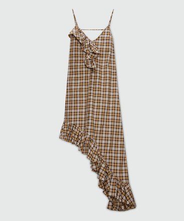 Brown asymmetrical midi dress in check cotton.