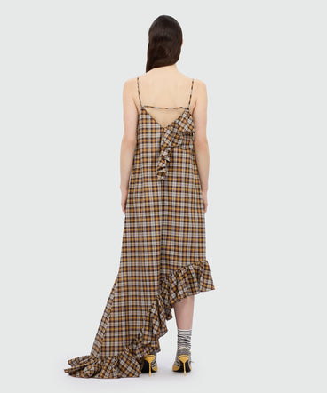 Brown asymmetrical midi dress in check cotton.
