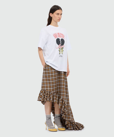 Brown asymmetrical midi dress in check cotton.