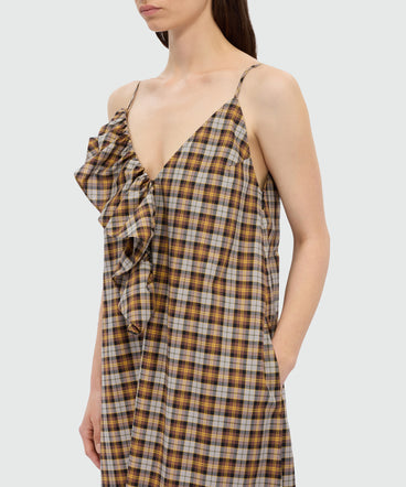 Brown asymmetrical midi dress in check cotton.
