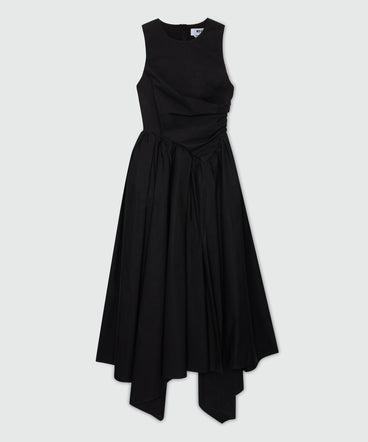 Black midi poplin dress with asymmetrical details.