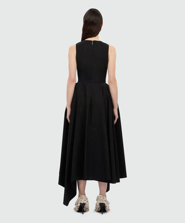 Black midi poplin dress with asymmetrical details.