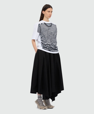 Black midi poplin dress with asymmetrical details.