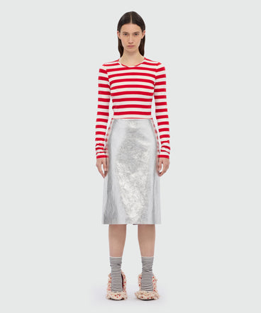 Metallic silver faux leather midi skirt.