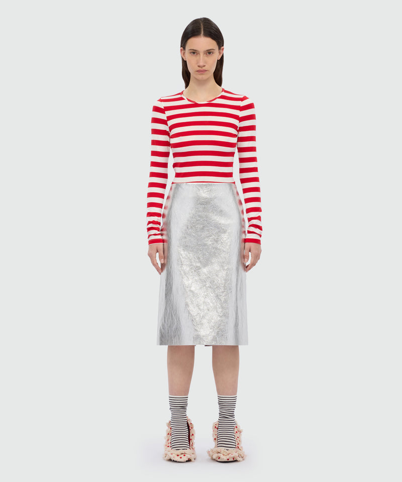 Metallic silver faux leather midi skirt. 90 Donna 