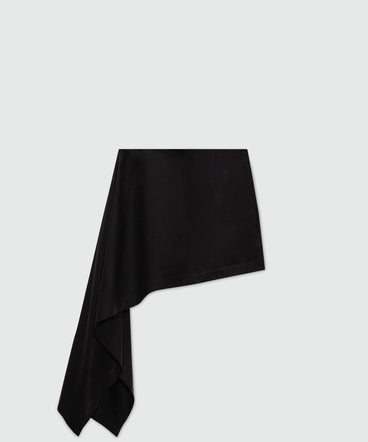 Black cotton poplin mini skirt with asymmetrical detail.