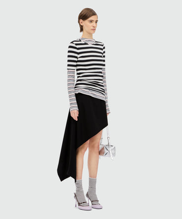 Black cotton poplin mini skirt with asymmetrical detail.