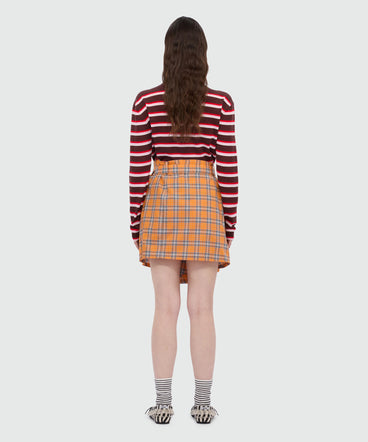 Orange check cotton mini skirt with belt.