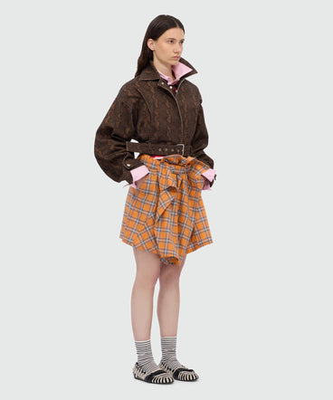 Orange check cotton mini skirt with belt.