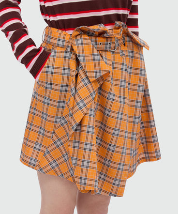 Orange check cotton mini skirt with belt.