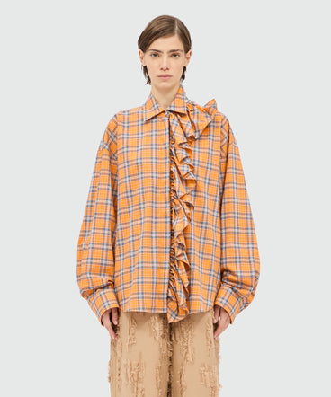 Orange check poplin shirt with ruffle.