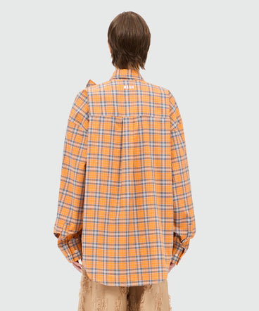 Orange check poplin shirt with ruffle.