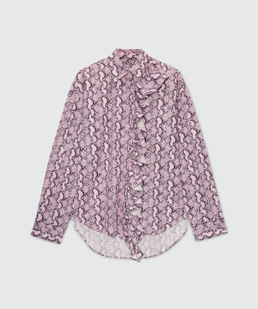 Pink python print poplin shirt with ruffle.