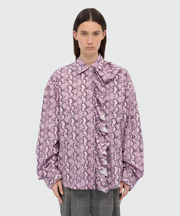 Pink python print poplin shirt with ruffle.