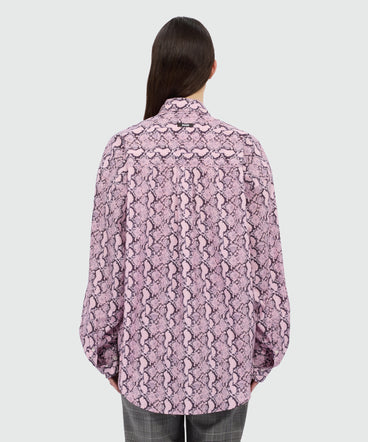 Pink python print poplin shirt with ruffle.