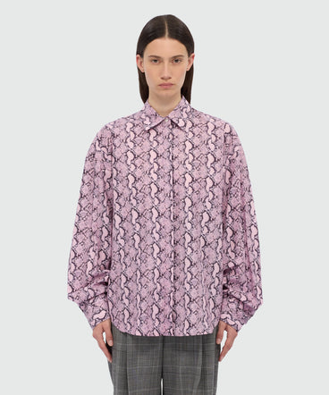 Pink python print poplin shirt with ruffle.