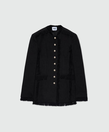 Black single-breasted raw cotton jacket with frayed edges.
