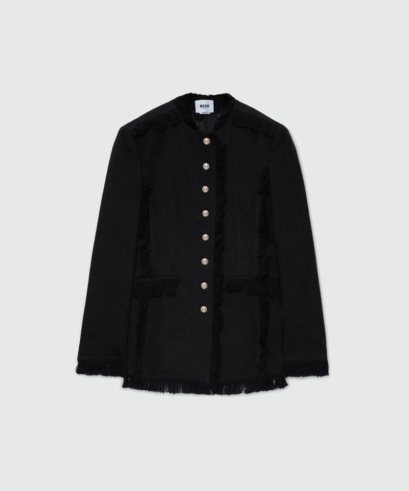 Black single-breasted raw cotton jacket with frayed edges. 99 Donna 