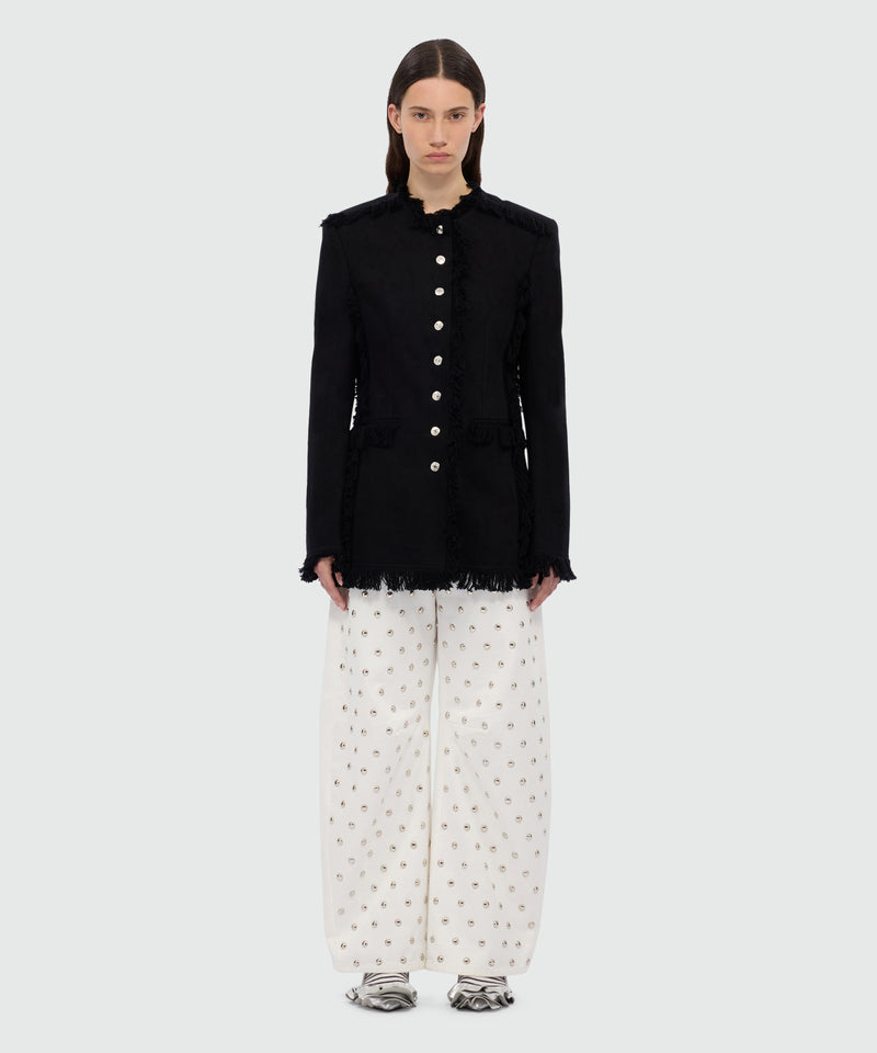 Black single-breasted raw cotton jacket with frayed edges. 99 Donna 