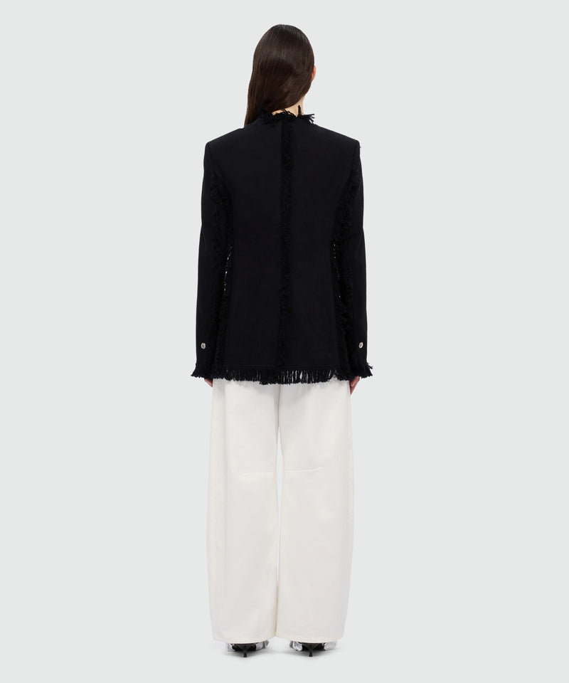 Black single-breasted raw cotton jacket with frayed edges. 99 Donna 