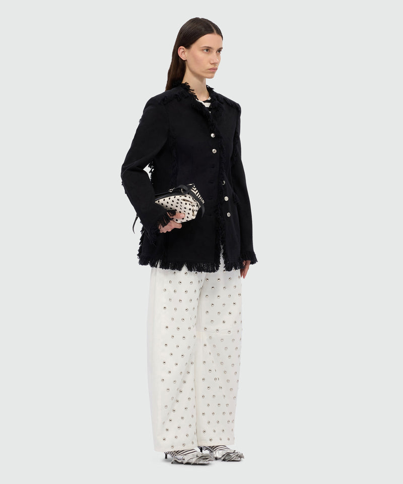 Black single-breasted raw cotton jacket with frayed edges. 99 Donna 