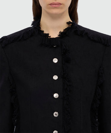 Black single-breasted raw cotton jacket with frayed edges.