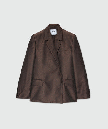 Brown double-breasted jacquard jacket with python print.
