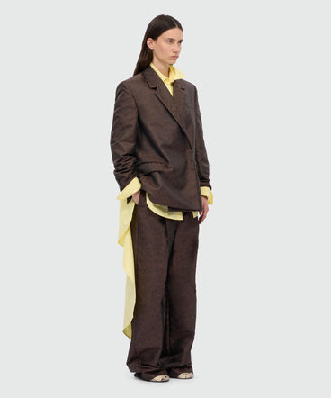 Brown double-breasted jacquard jacket with python print.