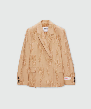 Beige double-breasted frayed fil coupe jacket.