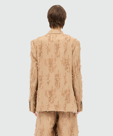 Beige double-breasted frayed fil coupe jacket.