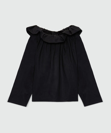 Blusa nera in popeline di cotone con maxi rouche