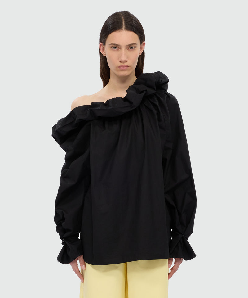 Blusa nera in popeline di cotone con maxi rouche 99 Donna 