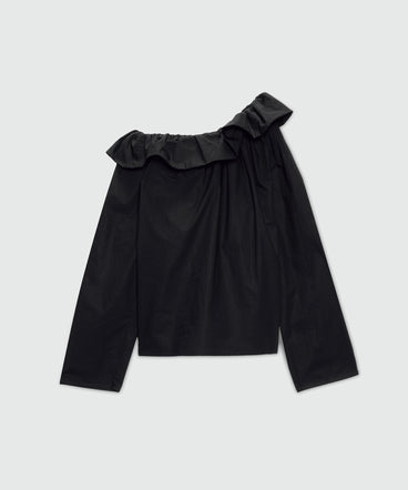 Blusa nera in popeline di cotone con maxi rouche