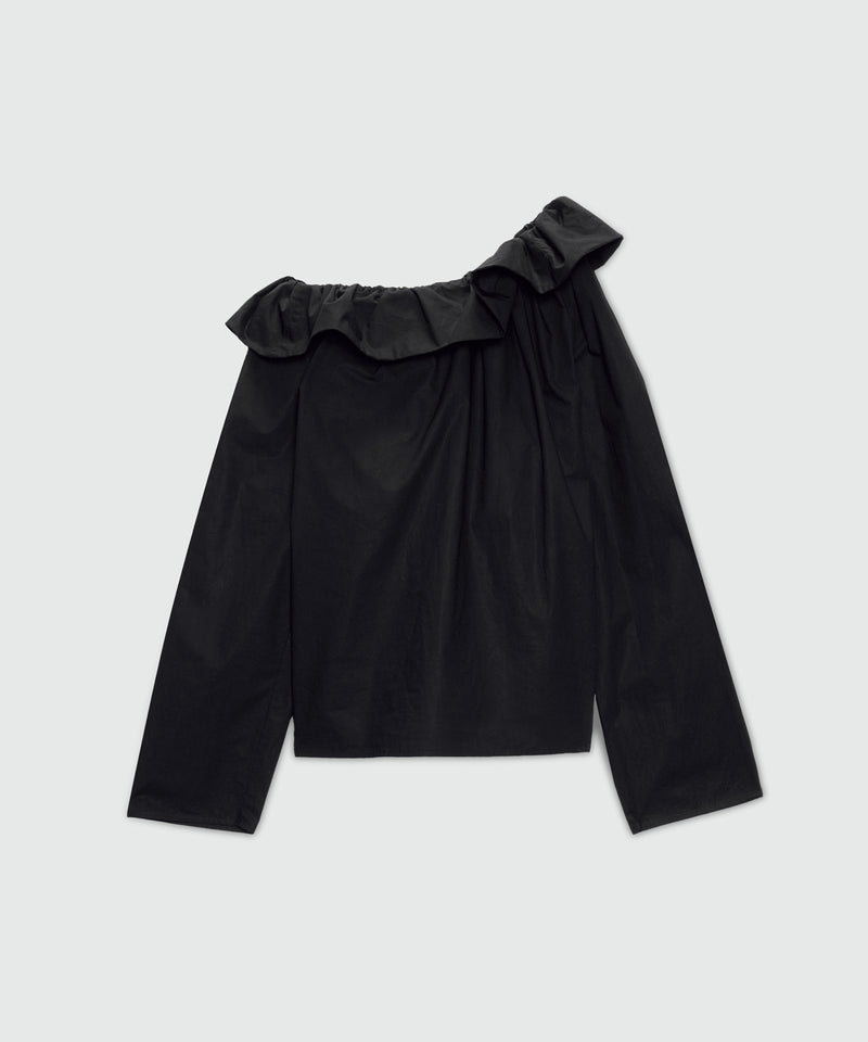 Blusa nera in popeline di cotone con maxi rouche 99 Donna 