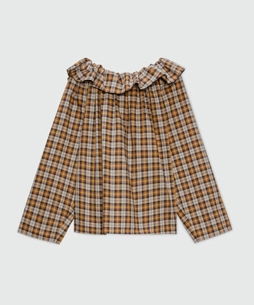 Check cotton blouse with maxi ruffle.