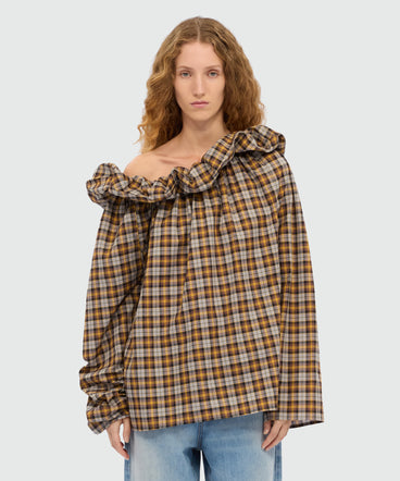 Check cotton blouse with maxi ruffle.