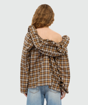 Check cotton blouse with maxi ruffle.