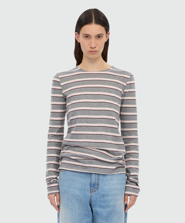 Grey horizontal striped jersey T-shirt.